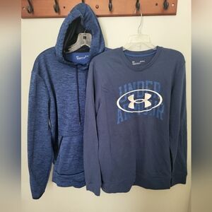 Bundle Men Medium Under Armour UA Blue Hoodie‎ And Sweatshirt Loose Long Sleeve